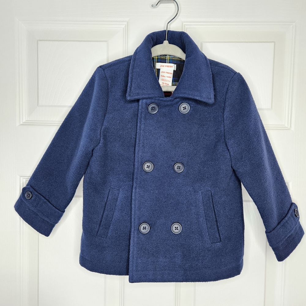 NWOT Joe Fresh Boys Double-Breasted Pea Coat Blue Tartan Lined Size 18-24M